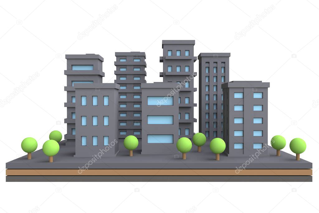 Paisaje urbano de dibujos animados en estilo lindo divertido. Aísle la zona de la ciudad con rascacielos y edificios modernos. 3d renderizar. 2023 Paisaje urbano de dibujos animados en estilo lindo divertido. Aísle la zona de la ciudad con rascacielos y edificios modernos. 3d renderizar. 2023