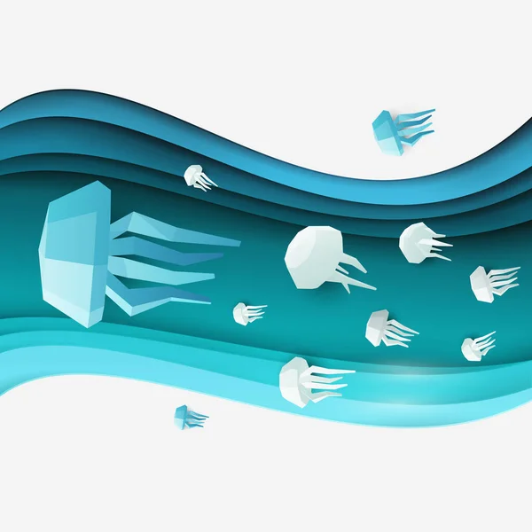Papel Cortado Medusas Dibujos Animados Agua Estilo Artesanal Poligonal Moda — Vector de stock