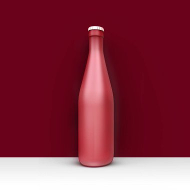 Sıvı için cam şişe ya da boş bir odanın köşesinde meyve suyu. Stüdyo çizimi. Ön manzara. 3 Boyutlu Hazırlama.