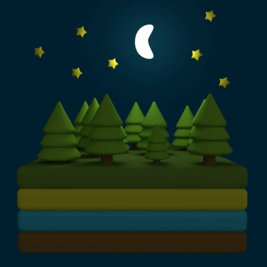 Ağaçlı, aylı ve yıldızlı komik çizgi film doğa manzarası. Ada ya da katmanlı bir kara parçası. Gece versiyonu. Çocuklar kil, plastik ya da öğrenme için yumuşak oyuncak. 3d illüstrasyon