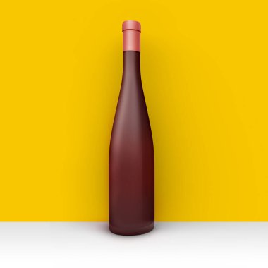 Boş odanın köşesinde gerçekçi bir şarap şişesi. Stüdyo çizimi. Ön manzara. 3 Boyutlu Hazırlama.