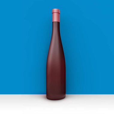 Boş odanın köşesinde gerçekçi bir şarap şişesi. Stüdyo çizimi. Ön manzara. 3 Boyutlu Hazırlama.
