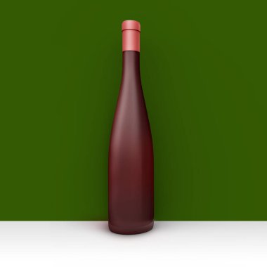 Boş odanın köşesinde gerçekçi bir şarap şişesi. Stüdyo çizimi. Ön manzara. 3 Boyutlu Hazırlama.