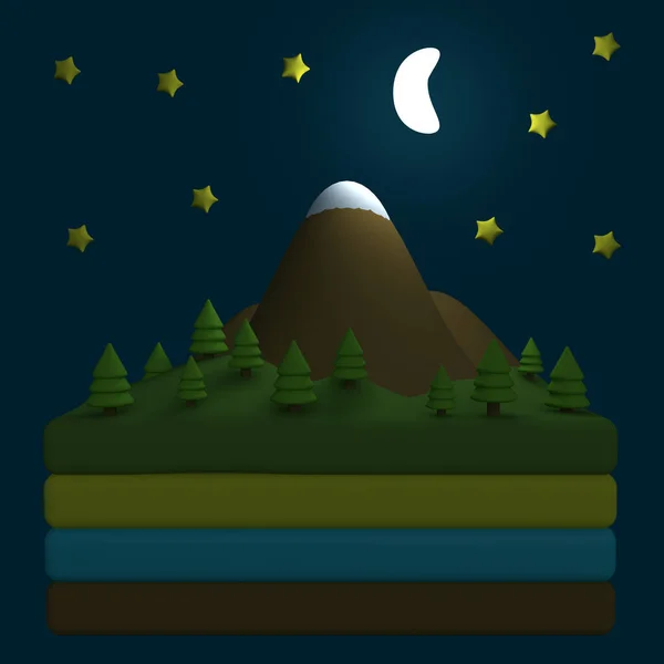 Stylized funny cartoon nature landscape with mountain, trees, clouds and moon. Island or slice of land with layers. Night version. Children clay, plastic or soft toy for learning. 3d illustration