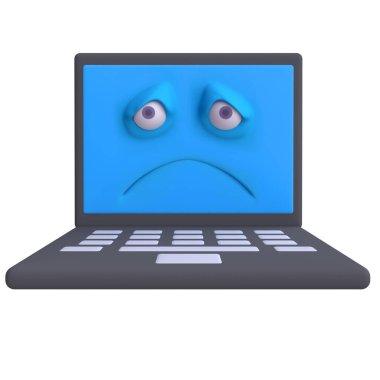 Yüzü olan komik bir dizüstü bilgisayar. Çocuklar kil, plastik ya da yumuşak oyuncak. 3d illüstrasyon.