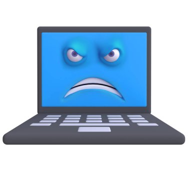 Yüzü olan komik bir dizüstü bilgisayar. Çocuklar kil, plastik ya da yumuşak oyuncak. 3d illüstrasyon.