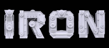Demir mekanik kelime demir siyah zemin üzerinde izole. Bilimkurgu ya da steampunk tarzında gelecekçi endüstriyel metal metni. Gerçekçi 3D canlandırma.