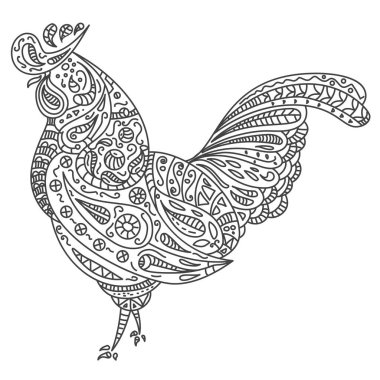 Kabile süsleriyle klasik vektör horozu. 2017 'nin sembolü. Geleneksel etnik dövme, Afrikalı, Hintli, Taylandlı, maneviyat, boho tasarımı. Baskı, posterler, tişörtler, tekstil, boyama kitabı.