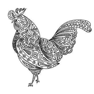 Kabile süsleriyle klasik vektör horozu. 2017 'nin sembolü. Geleneksel etnik dövme, Afrikalı, Hintli, Taylandlı, maneviyat, boho tasarımı. Baskı, posterler, tişörtler, tekstil, boyama kitabı.