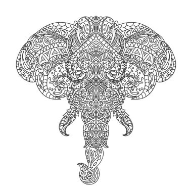Kabile süslemeleri olan klasik bir fil kafası. Geleneksel etnik geçmiş, dövme, Afrikalı, Hintli, Taylandlı, maneviyat, boho tasarımı. Baskı, posterler, tişörtler, tekstil, boyama kitabı.