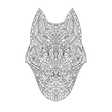 Kabile süslemeli klasik kurt ya da köpek kafası. Geleneksel etnik geçmiş, dövme, Afrikalı, Hintli, Tayland, Aztek, boho tasarımı. Baskı, posterler, tişörtler, tekstil, boyama kitabı.