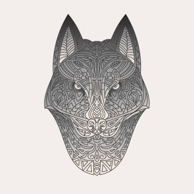 Kabile süslemeli klasik kurt ya da köpek kafası. Geleneksel etnik geçmiş, dövme, Afrikalı, Hintli, Tayland, Aztek, boho tasarımı. Baskı, posterler, tişörtler, tekstil, boyama kitabı.