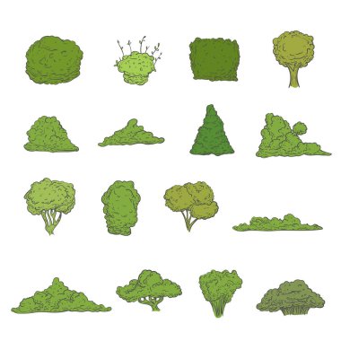 Elle çizilmiş eskiz tarzında farklı şekillerde yeşil çalılar. Beyaz arka planda izole edilmiş. Vektör illüstrasyonu.