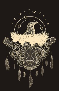 Yuvasında kuş, güller ve tüyler olan soyut bir kedi kafatası. Hipster retro tarzında yaratıcı orijinal vektör illüstrasyonu. Yazdırma, tekstil, kapak, poster için moda tasarım arka planı.