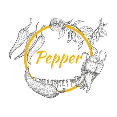 Geriye doğru çizilmiş kırmızı biberli çerçeve, kabartmalı çizimler. Pankart, kapak, etiket, paket, promosyon için tasarım unsurları. Beyaz arka planda izole edilmiş. Modern vektör illüstrasyonu.