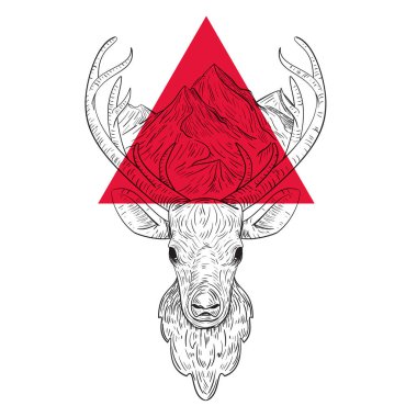Geyik kafası silueti ve siyah arka planda izole edilmiş dağlar. Retro vintage vektör çizimi. Yazdırma, tekstil, kapak, poster için moda tasarımı.