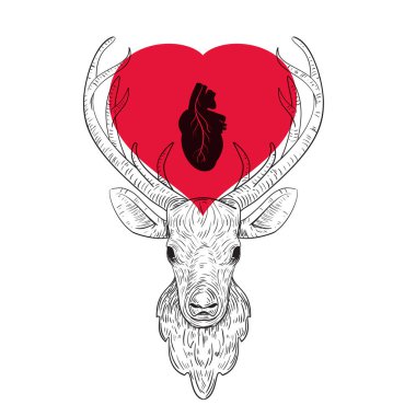 Siyah arka planda kalbi olan geyik kafası silueti. Retro vintage vektör çizimi. Yazdırma, tekstil, kapak, poster için moda tasarımı.