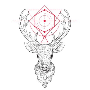 Geyik kafası silueti siyah arka planda izole edilmiş. Retro vintage vektör çizimi. Yazdırma, tekstil, kapak, poster için moda tasarımı.