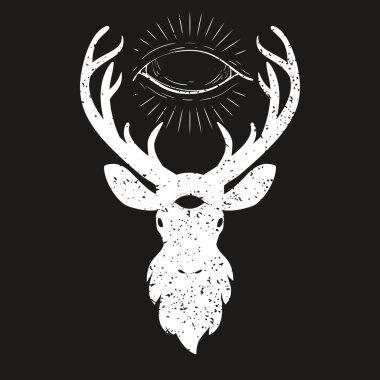 Geyik kafası silueti, siyah arka planda izole edilmiş. Retro vintage vektör çizimi. Yazdırma, tekstil, kapak, poster için moda tasarımı.