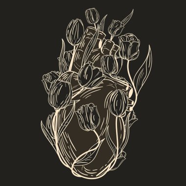 Kırmızı laleli soyut klasik insan kalbi. Hipster retro tarzında yaratıcı orijinal vektör illüstrasyonu. Yazdırma, tekstil, kapak, poster için moda tasarım arka planı.