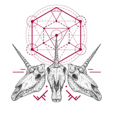 Tek boynuzlu at kafatası, kabile geometrik formunda, antika tarzda. Dövme, baskı ve kapak için tasarım şablonu. Vektör illüstrasyonu.