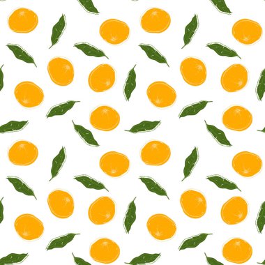 El çizimi, mandalina ile kusursuz bir şekil. Tropik yaz meyvesi oymalı vintage çizimi. Marka paketi, tekstil için tasarım arkaplanı.