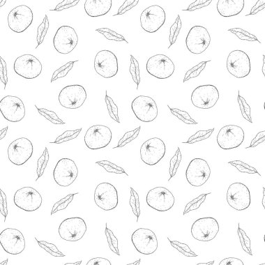 El çizimi, mandalina ile kusursuz bir şekil. Tropik yaz meyvesi oymalı vintage çizimi. Marka paketi, tekstil için tasarım arkaplanı.