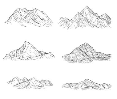 El çizimi dağların kabartma tarzında çizimi. Vektör illüstrasyonu.