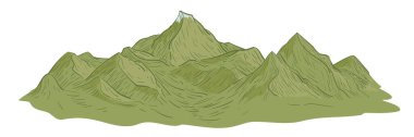 Elle çizilmiş renkli çizgi film yeşil dağlar kabartma stiliyle çizilmiş. Vektör illüstrasyonu