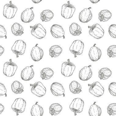 El çizimi, pürüzsüz vektör deseni ya da tatlı biberli arka plan. Doğal ekolojik gıda oymalı eski tarz resimleme. Tarım pazarı ürünü tasarla.