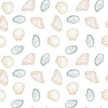 El yapımı dikişsiz deniz kabuğu deseni. Arka plan tekstil tasarımı için şablon, kapak, markalaşma. Deniz vektör illüstrasyonu.
