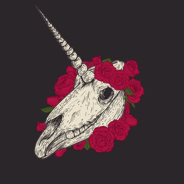 Calavera Unicornio Con Rosas Rojas Estilo Vintage Retro Plantilla Diseño — Vector de stock