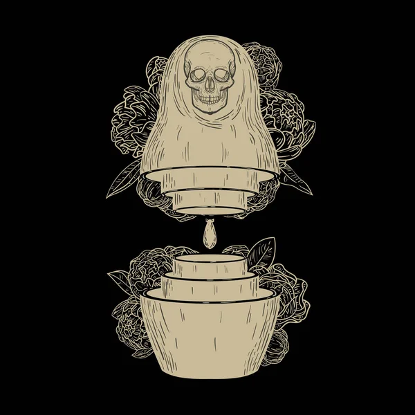 Vintage Forma Abstracta Rusa Tradicional Muñeca Matryoshka Con Cráneo Flor — Vector de stock