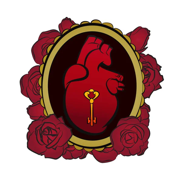 Corazón Marco Oro Con Llave Rosas Estilo Retro Vintage Diseño — Vector de stock