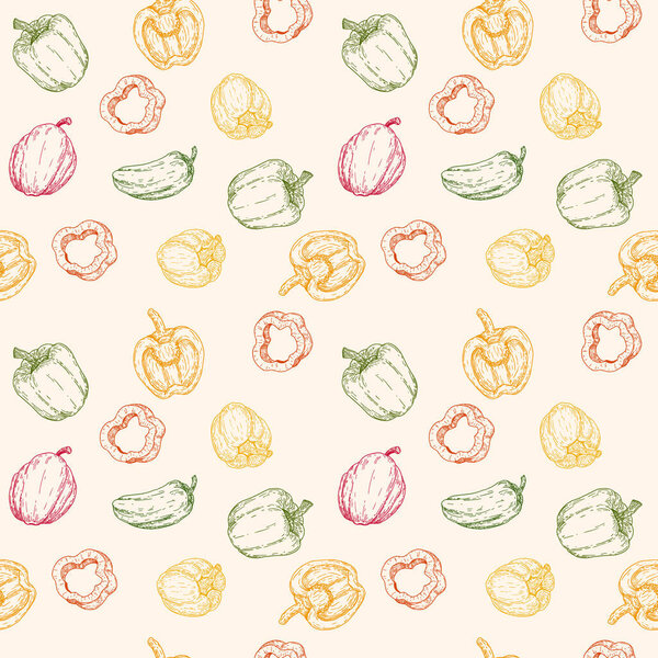 Ручной рисунок вектора бесшовный узор или фон со сладким перцем. Натуральная эко-еда выгравирована в винтажном стиле иллюстрации. Дизайн фермерского рынка.