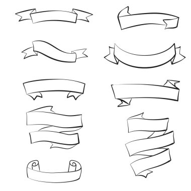 Eski moda bir kurdele seti. Eski moda dövmeler için tasarım malzemeleri, arka plan hipster kapağı, poster. Çizgi film vektör illüstrasyonu.