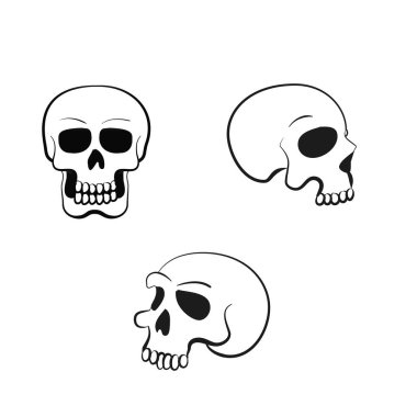 Eski moda bir kafatası seti. Eski moda dövmeler için tasarım malzemeleri, arka plan hipster kapağı, poster. Çizgi film vektör illüstrasyonu.