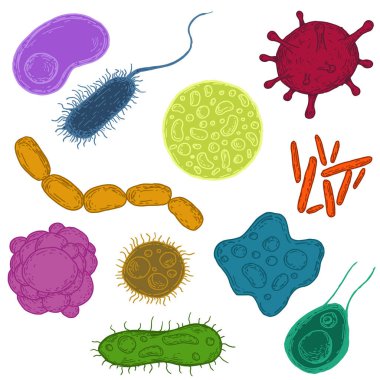 Virüs, hücre, bakteri ya da mikrop kümesi klasik tarzda çizilmiş. Retro vektör çizimi beyaz arkaplanda izole edildi.