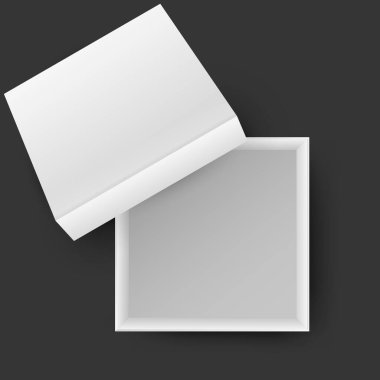 Siyah arkaplanda izole edilmiş beyaz, boş karton kutular. Tasarım ürünleri, paket, markalaşma, reklam için model şablonu. Üst Manzara. Vektör illüstrasyonu.