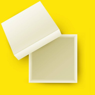 Renk arkaplan üzerinde izole edilmiş beyaz, boş karton kutular. Tasarım ürünleri, paket, markalaşma, reklam için model şablonu. Üst Manzara. Vektör illüstrasyonu.