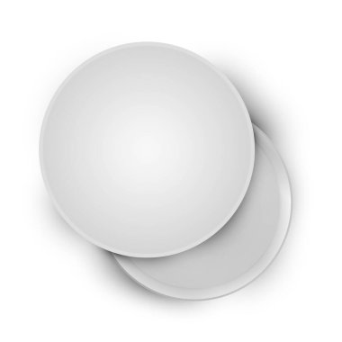 Beyaz arka planda izole edilmiş beyaz, boş, karton bir kutu. Tasarım ürünleri, paket, markalaşma, reklam için model şablonu. Üst Manzara. Vektör illüstrasyonu.