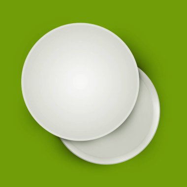 Renk arkaplanında izole edilmiş beyaz, boş, yuvarlak, karton kutu. Tasarım ürünleri, paket, markalaşma, reklam için model şablonu. Üst Manzara. Vektör illüstrasyonu.