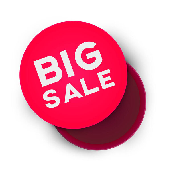 Открыть пустой круглый картонный ящик изолирован на простом фоне с надписью большой распродажи. Шаблон макета для дизайнерской продукции, упаковки, брендинга, рекламы. Вид сверху. Векторная иллюстрация.