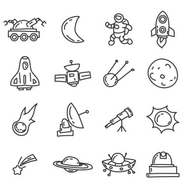 Çizgi film uzay elementlerini karalıyor. Elle çizilmiş nesneler ve semboller. Arkaplan, web tasarımı, tasarım ögeleri, tekstil baskıları, kapaklar, tebrik kartları için vektör illüstrasyonu.
