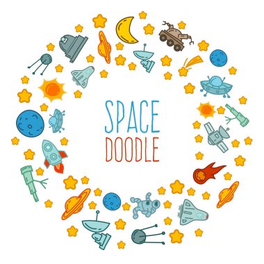 Çizgi film uzay elementlerini karalıyor. Elle çizilmiş nesneler ve semboller. Arkaplan, web tasarımı, tasarım ögeleri, tekstil baskıları, kapaklar, tebrik kartları için vektör illüstrasyonu.
