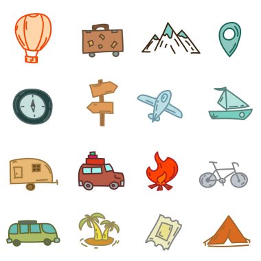 Komik seyahat karalamaları. Elle çizilmiş nesneler ve semboller. Arkaplan, web tasarımı, tasarım ögeleri, tekstil baskıları, kapaklar, tebrik kartları için vektör illüstrasyonu.