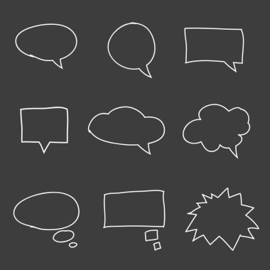 Bir dizi şirin el çizimi konuşma baloncukları. Doodle tarzı. Bulutlardan bahset. Balon şeklinde. Vektör illüstrasyonu.