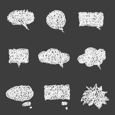 Bir dizi şirin el çizimi konuşma baloncukları. Doodle tarzı. Bulutlardan bahset. Balon şeklinde. Vektör illüstrasyonu.