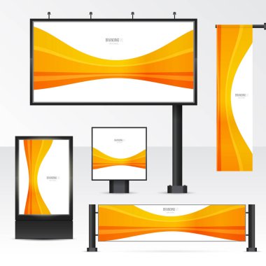 Model reklam panosu, şehir ışığı, yatay ve dikey afişler. Açık hava reklamları için nesneleri ayarlayın. Beyaz arkaplanda damgalama şablonu. Vektör illüstrasyonu.