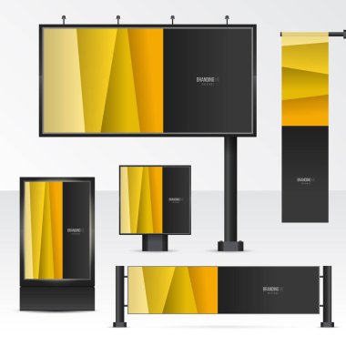 Model reklam panosu, şehir ışığı, yatay ve dikey afişler. Açık hava reklamları için nesneleri ayarlayın. Beyaz arkaplanda damgalama şablonu. Vektör illüstrasyonu.